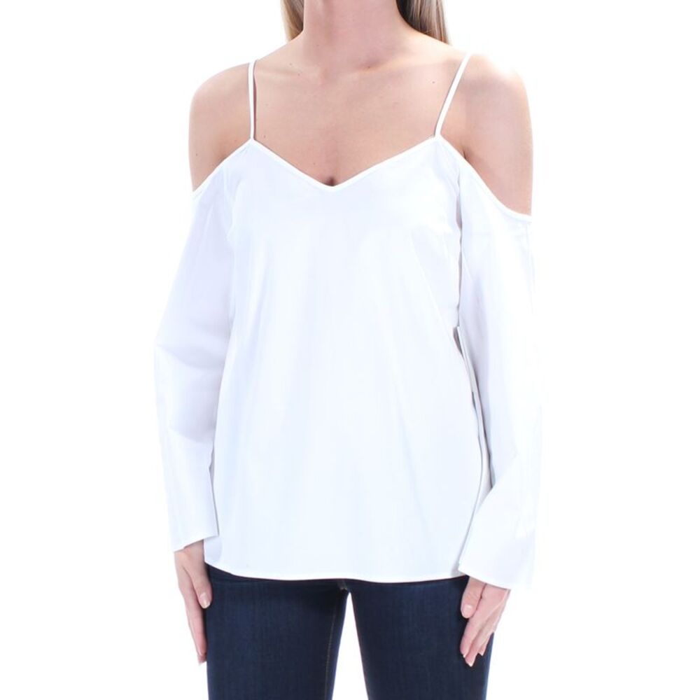 1. STATE Womens White Cold Shoulder Long Sleeve V Neck Top L - Picture 3 of 4
